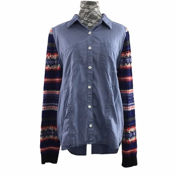 We The Free People Button Front Shirt Blue Knit Aztec Sleeves - Picture 1 of 9